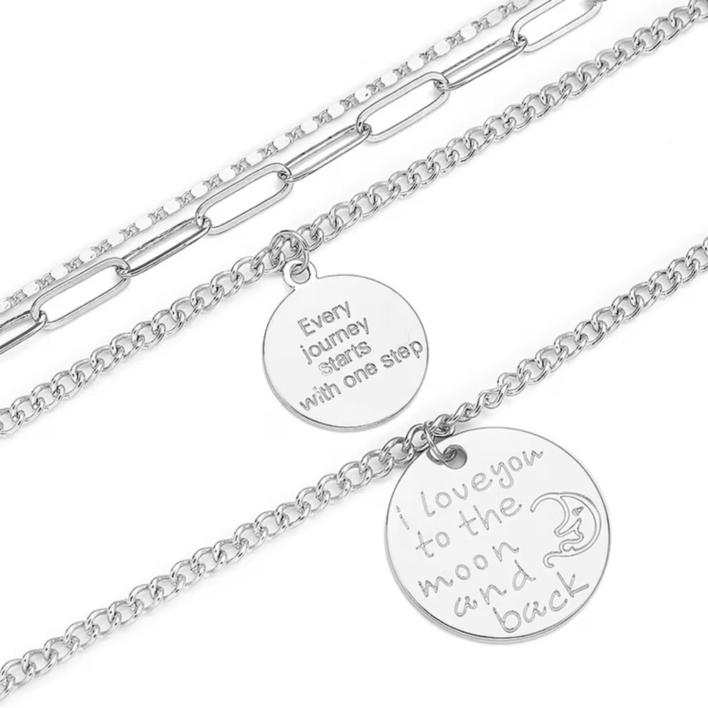 💕 Engraved Message & Cameo Charm Layered Link Chain Necklace in Silvertone - Picture 3 of 7